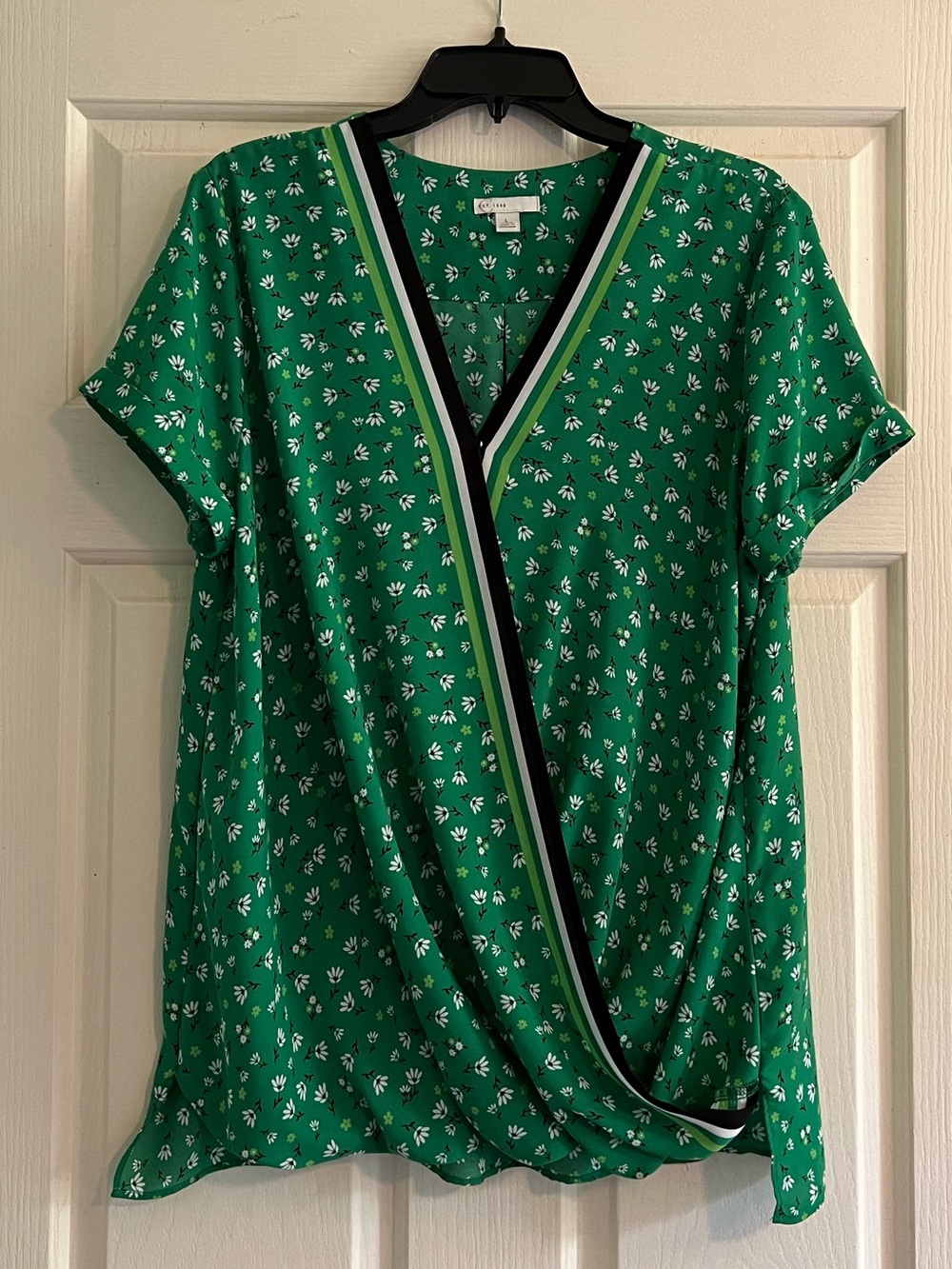 Cato Green Floral Faux-Wrap Blouse with Striped Trim